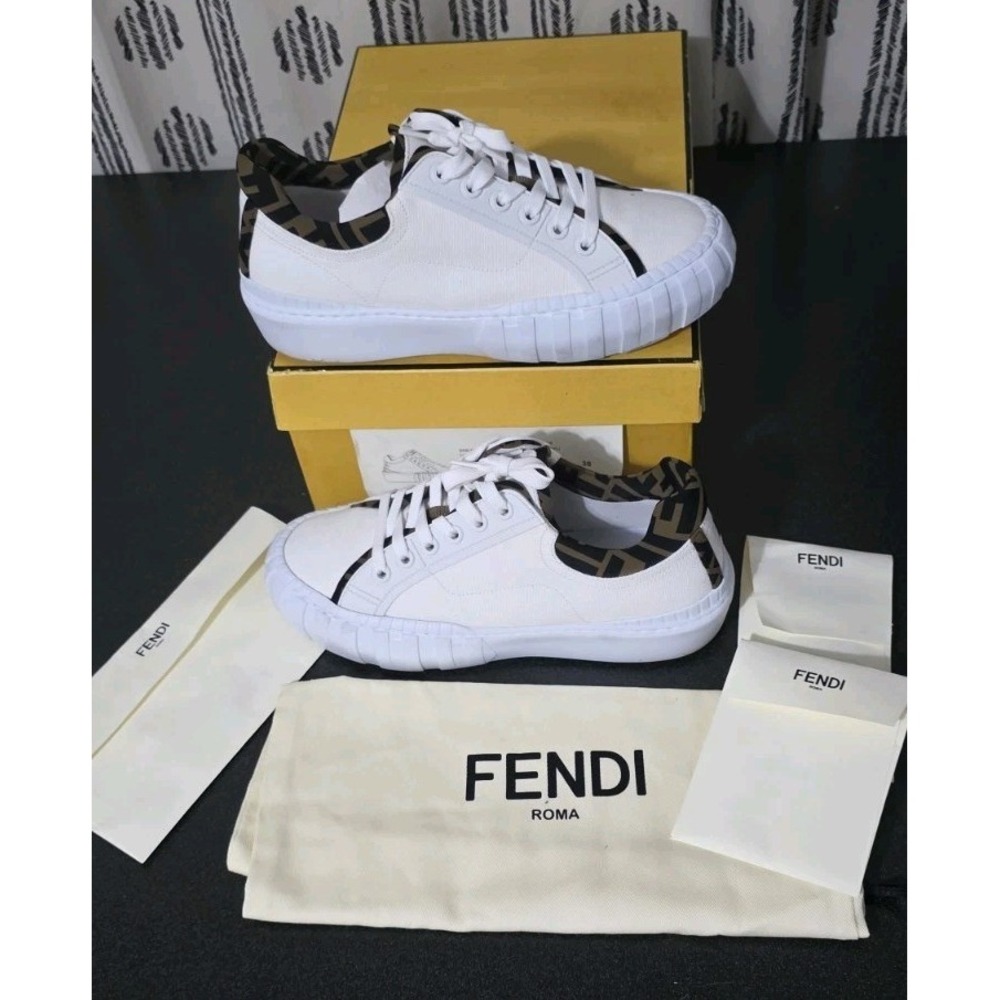 NEW Authentic Fendi Force Sneakers FF Logo 38 Shoe Casual White Brown Platform‎
